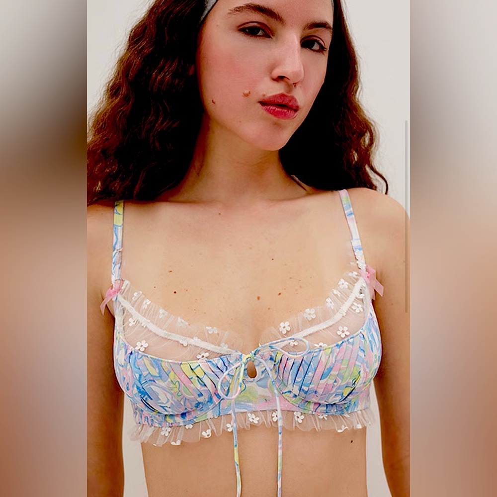 For Love And Lemons Pink and Blue Lace Trim underwire Bra